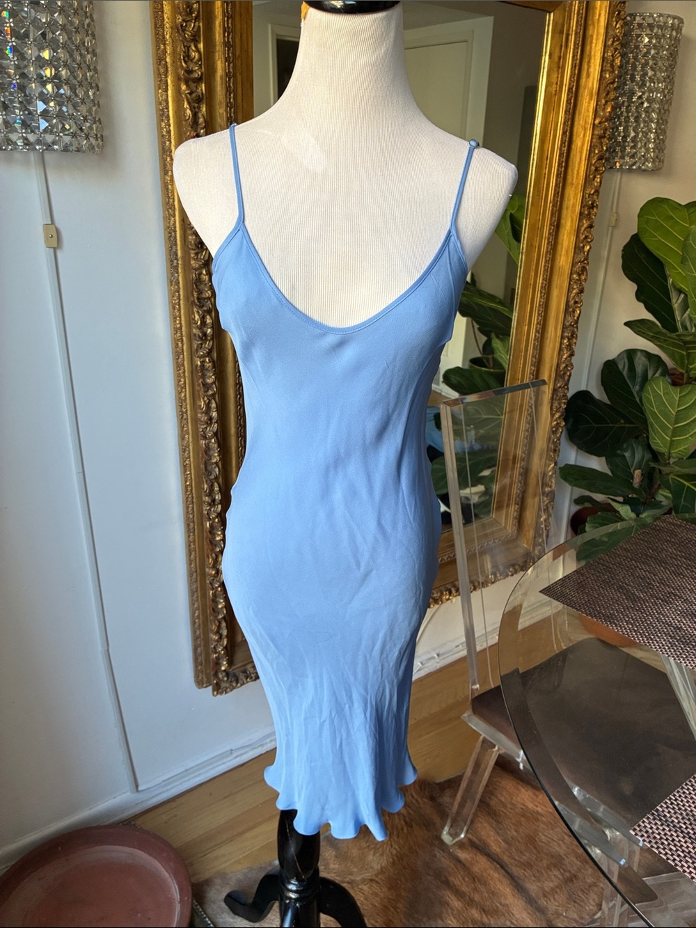 L’agence Light Blue silk Slip Midi Dress with Spaghetti Straps size small